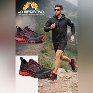 La Sportiva Men's Jackal Black and Poppy Trail Running Shoes outdoors running